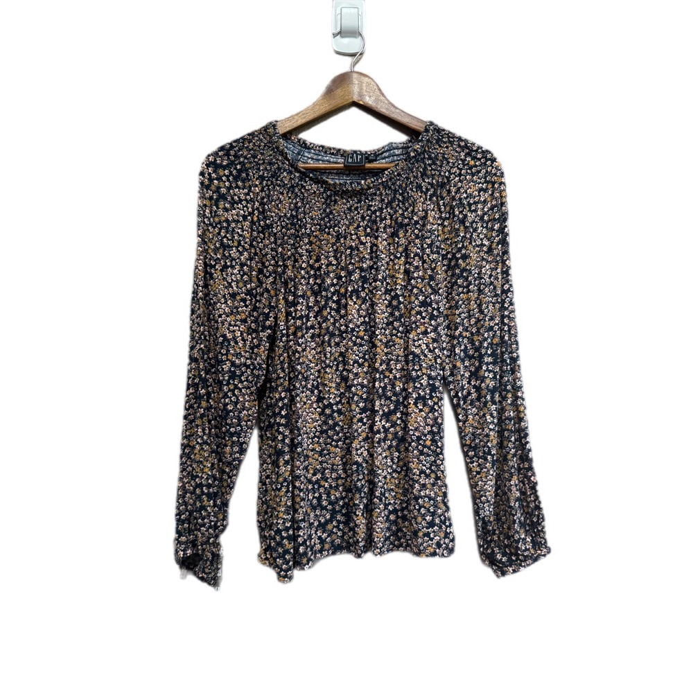 Gap Floral Smocked Blouse Womens‎ Medium Navy Blue Excellent Long Sleeve Rayon